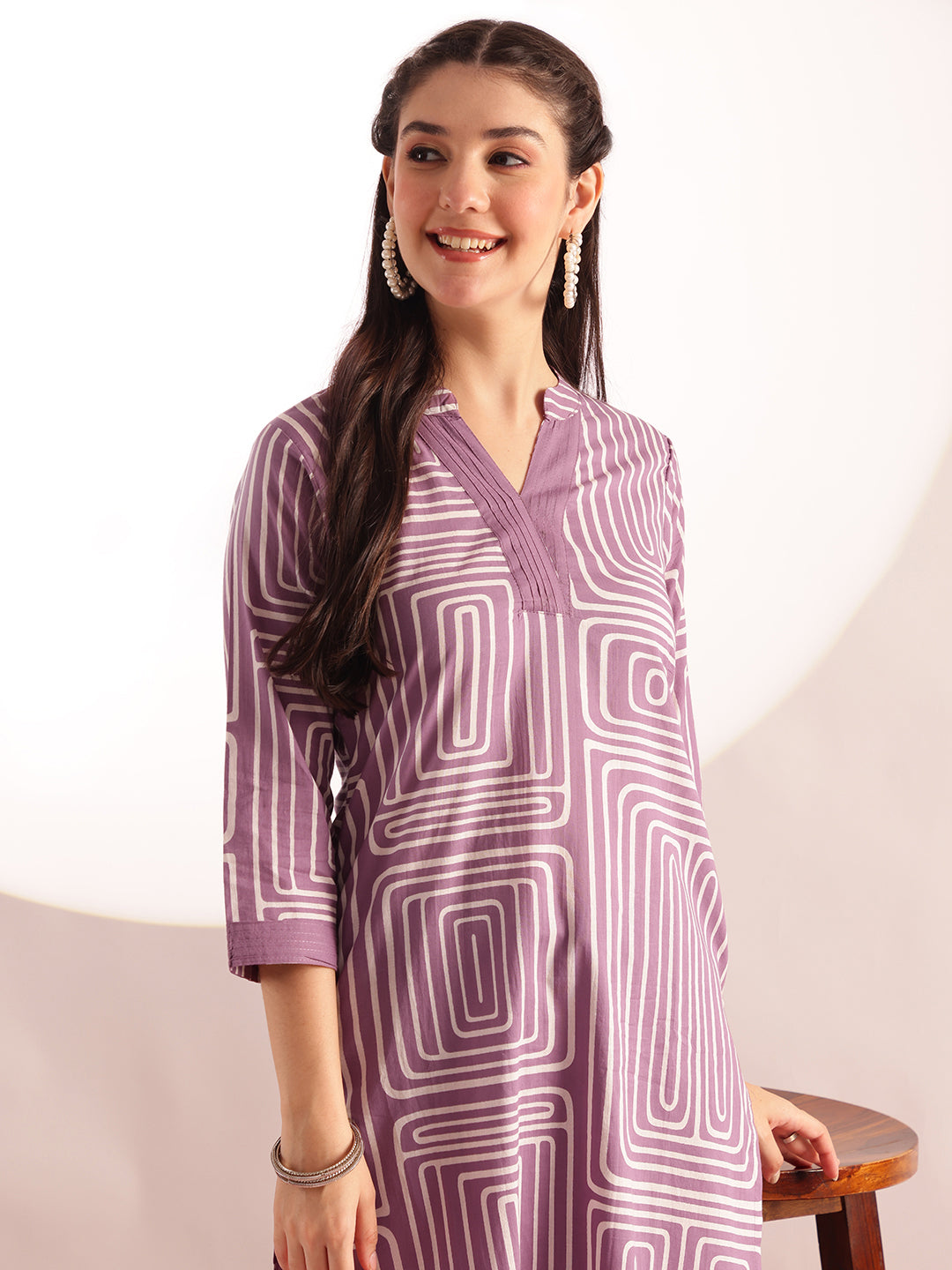 Lavender Geometric Print Straight Cotton Kurta, Palazzo
