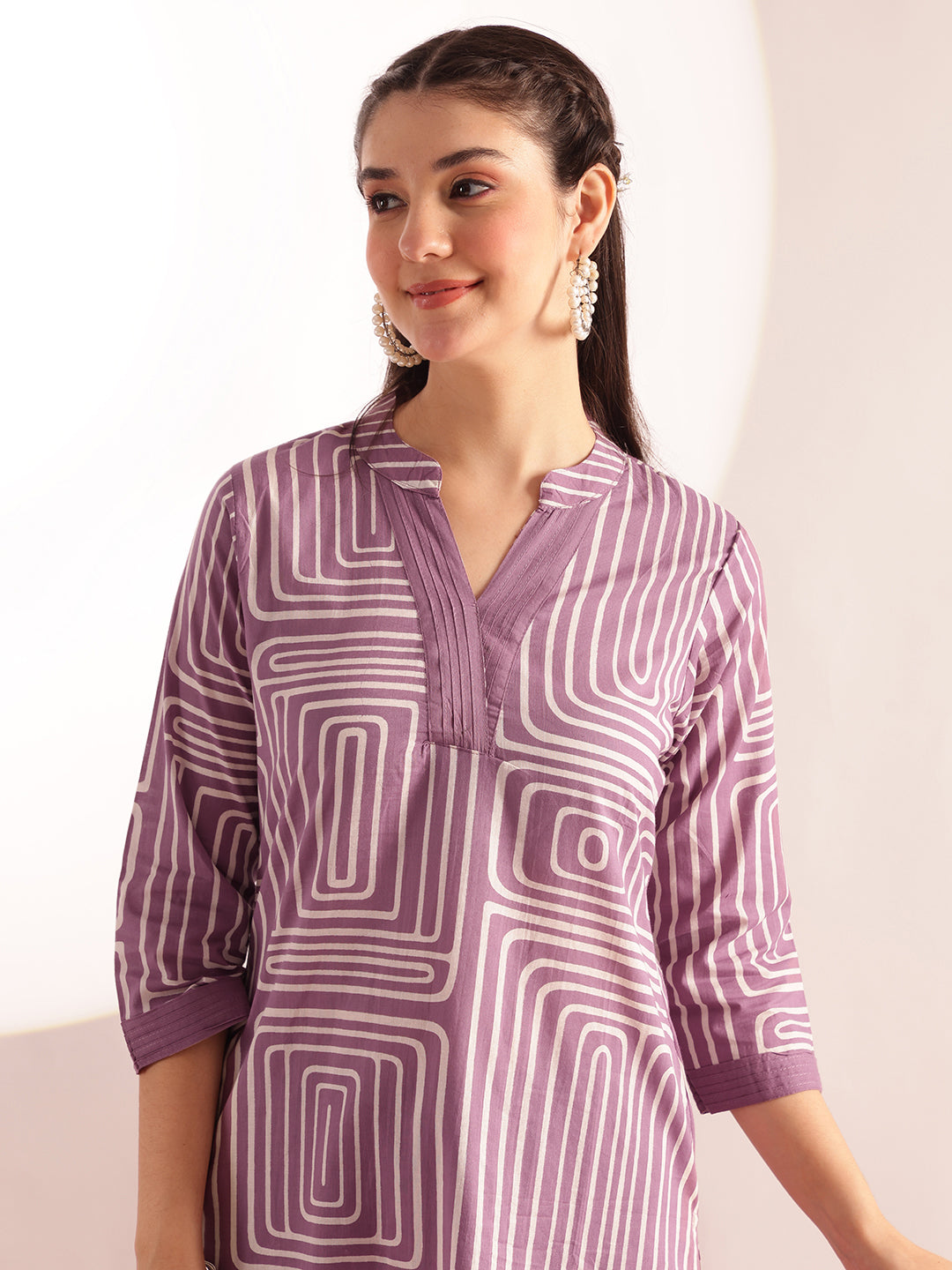Lavender Geometric Print Straight Cotton Kurta, Palazzo