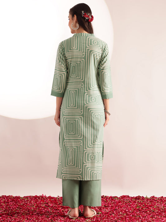 Mint Green Geometric Print Straight Cotton Kurta, Palazzo