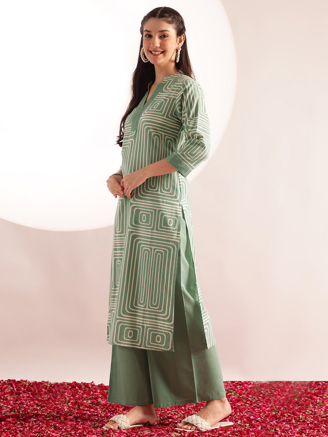 Mint Green Geometric Print Straight Cotton Kurta, Palazzo
