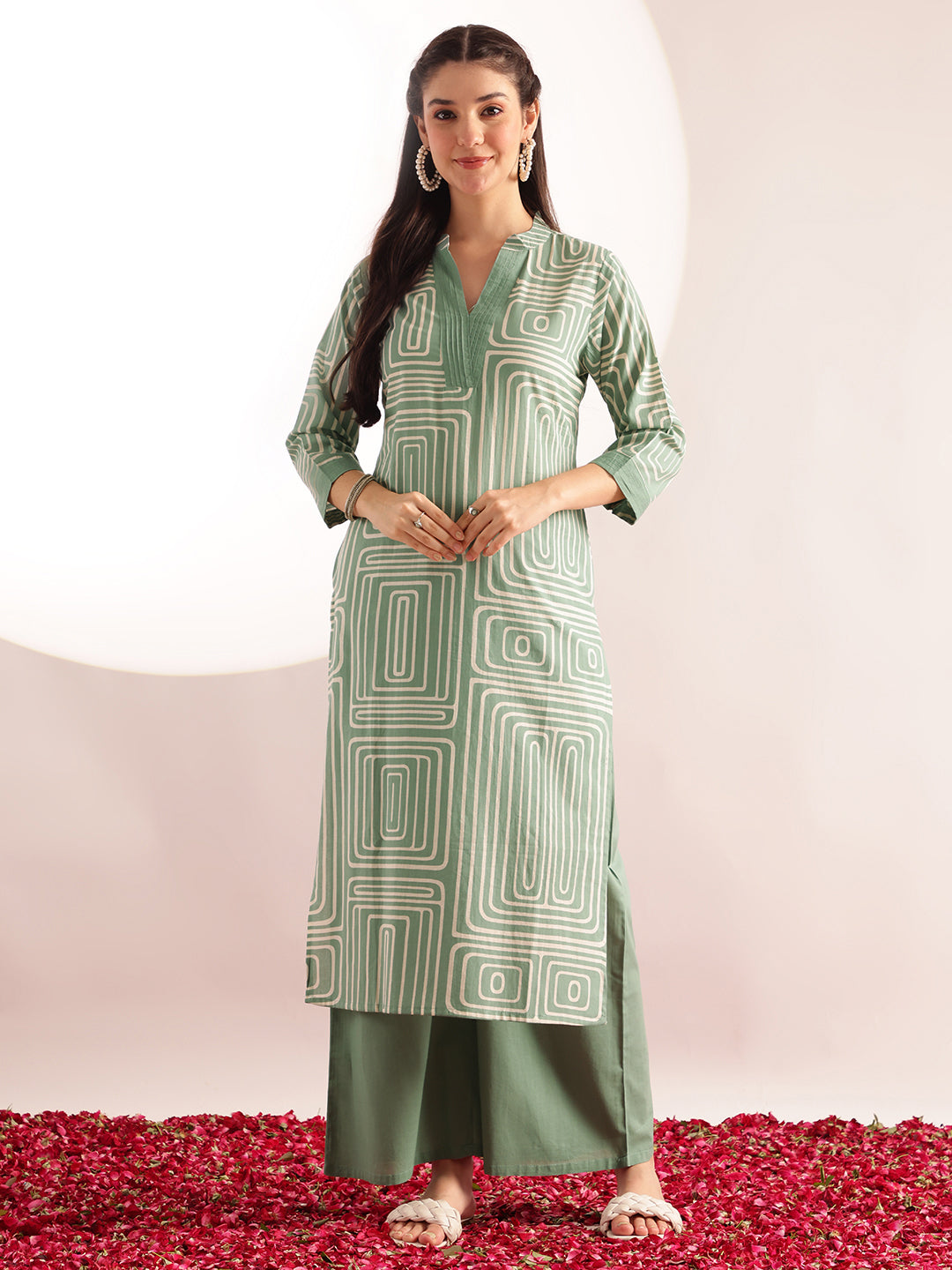 Mint Green Geometric Print Straight Cotton Kurta, Palazzo