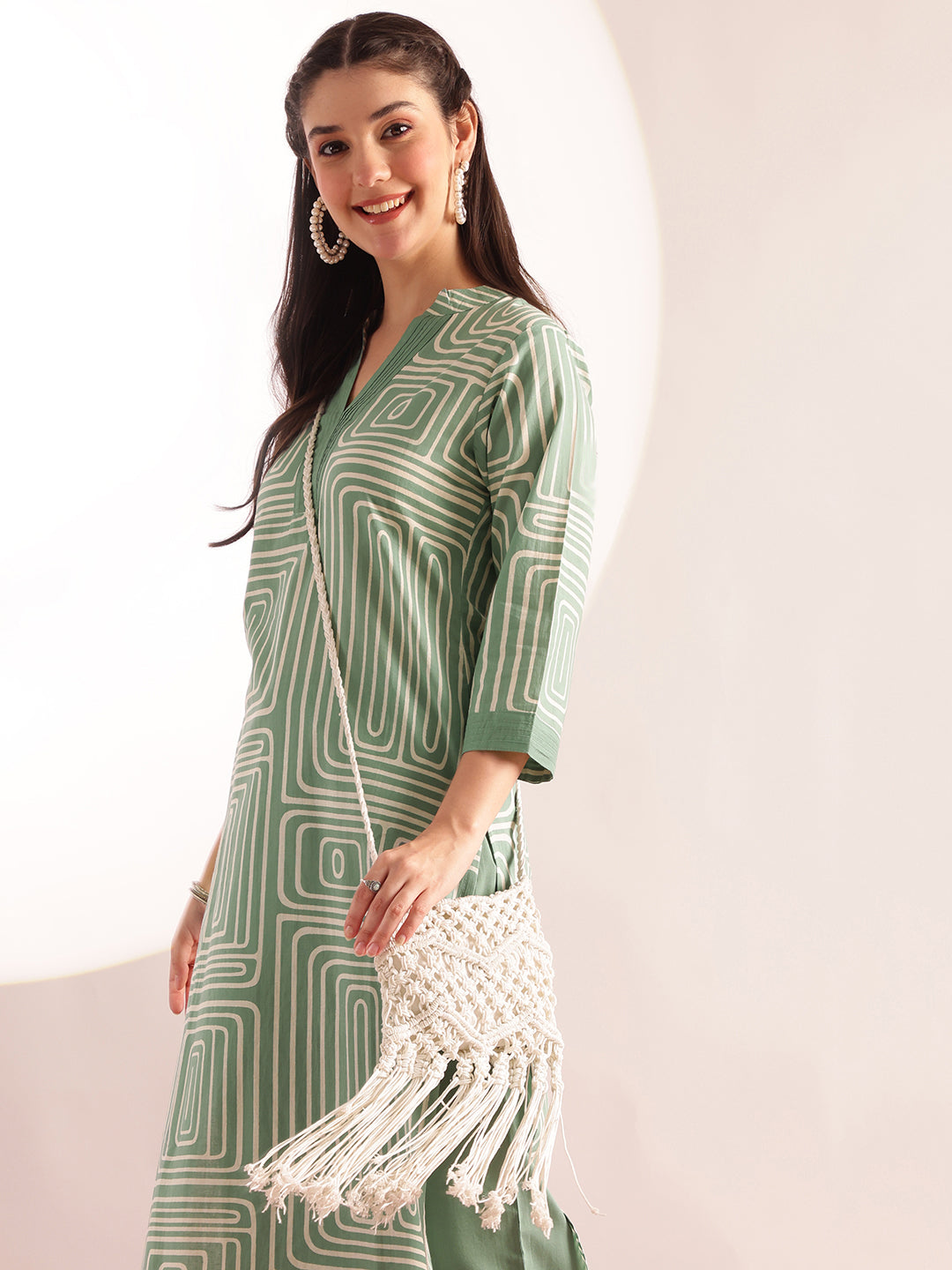 Mint Green Geometric Print Straight Cotton Kurta, Palazzo