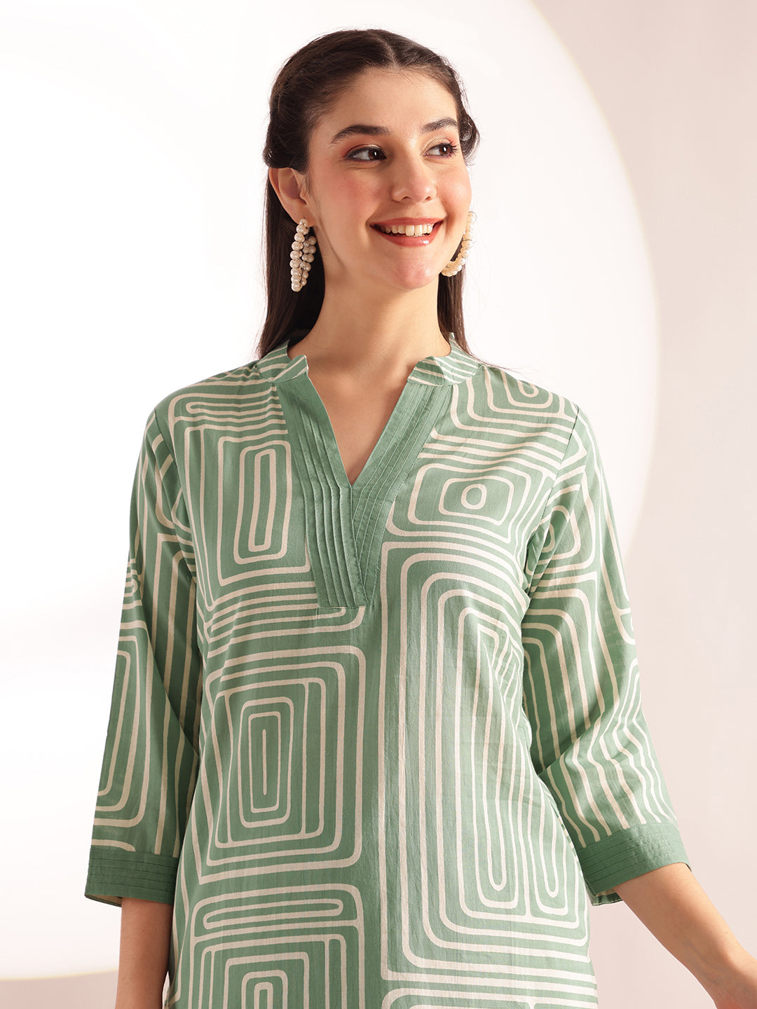 Mint Green Geometric Print Straight Cotton Kurta, Palazzo