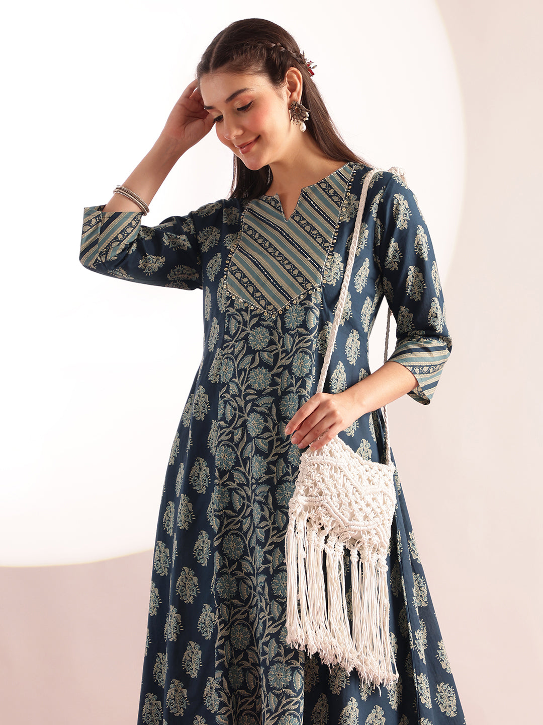 Aqua Blue Floral Print Fit & Flare Cotton Kurta