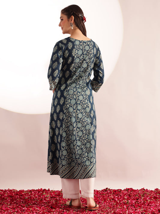 Aqua Blue Floral Print Fit & Flare Cotton Kurta