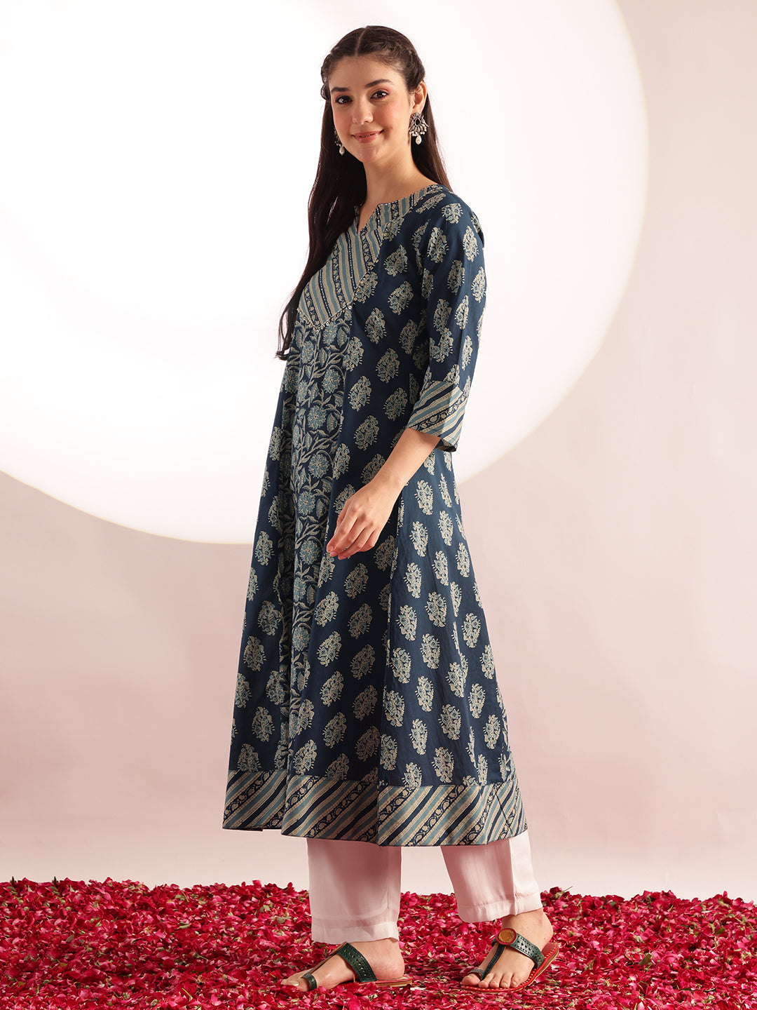 Aqua Blue Floral Print Fit & Flare Cotton Kurta