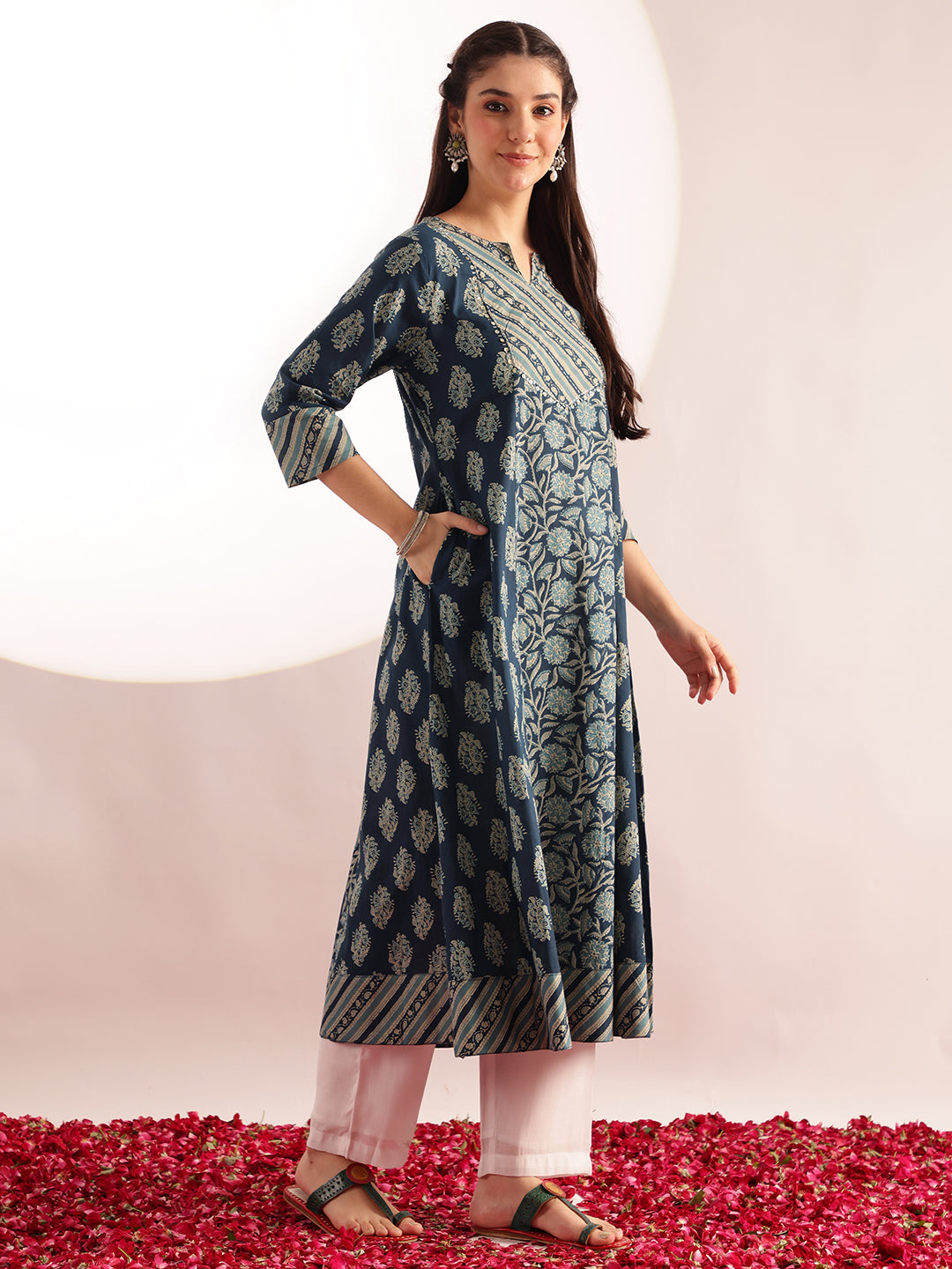 Aqua Blue Floral Print Fit & Flare Cotton Kurta