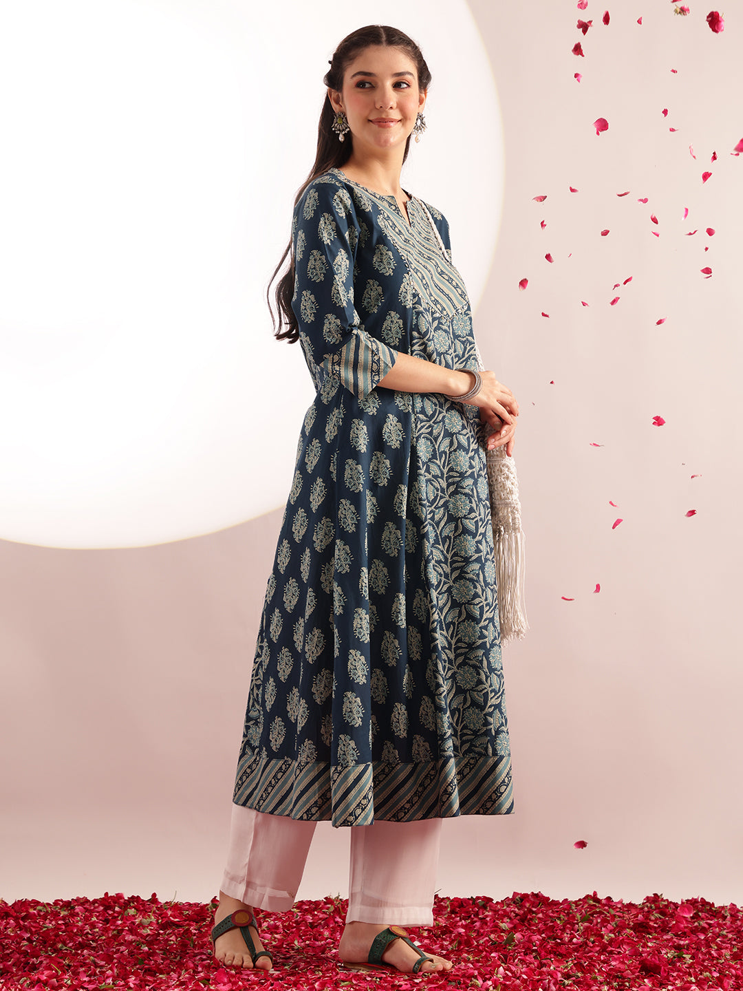 Aqua Blue Floral Print Fit & Flare Cotton Kurta