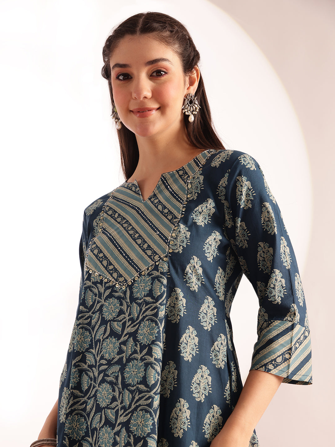 Aqua Blue Floral Print Fit & Flare Cotton Kurta