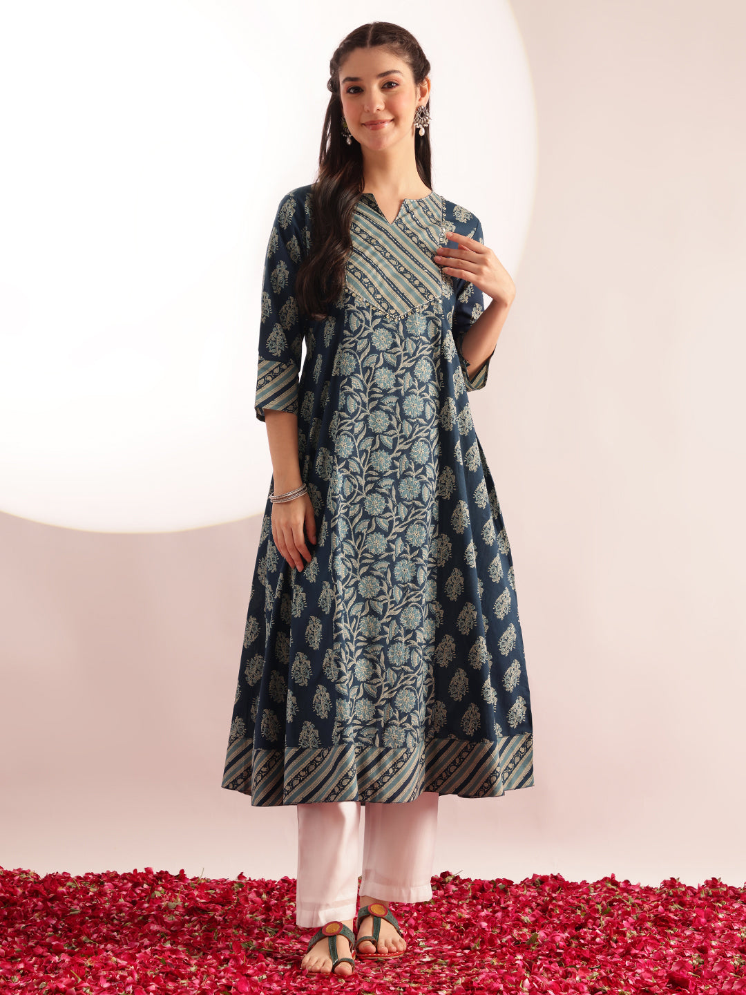 Aqua Blue Floral Print Fit & Flare Cotton Kurta