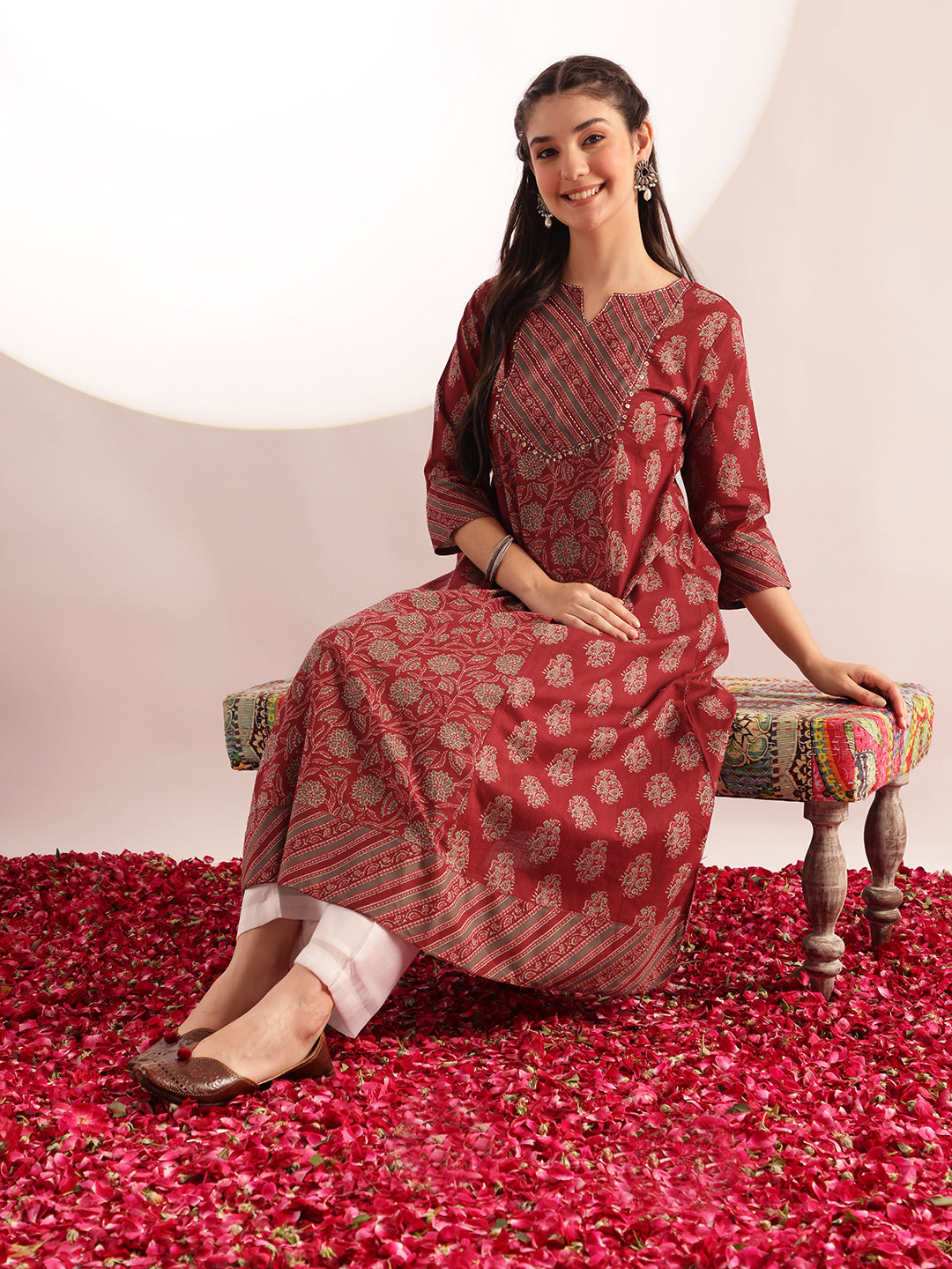 Maroon Floral Print Fit & Flare Cotton Kurta