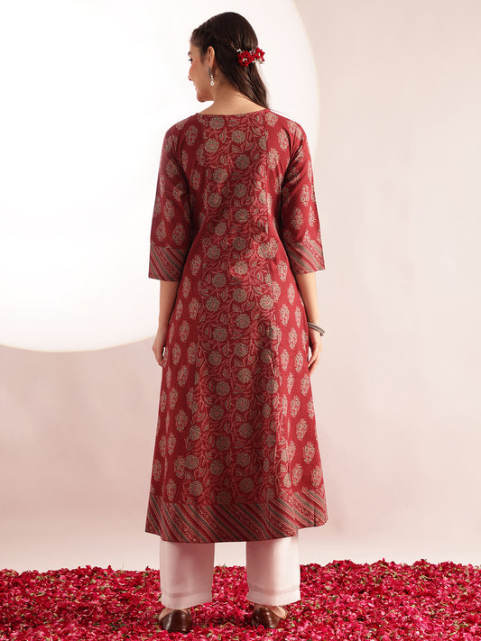 Maroon Floral Print Fit & Flare Cotton Kurta