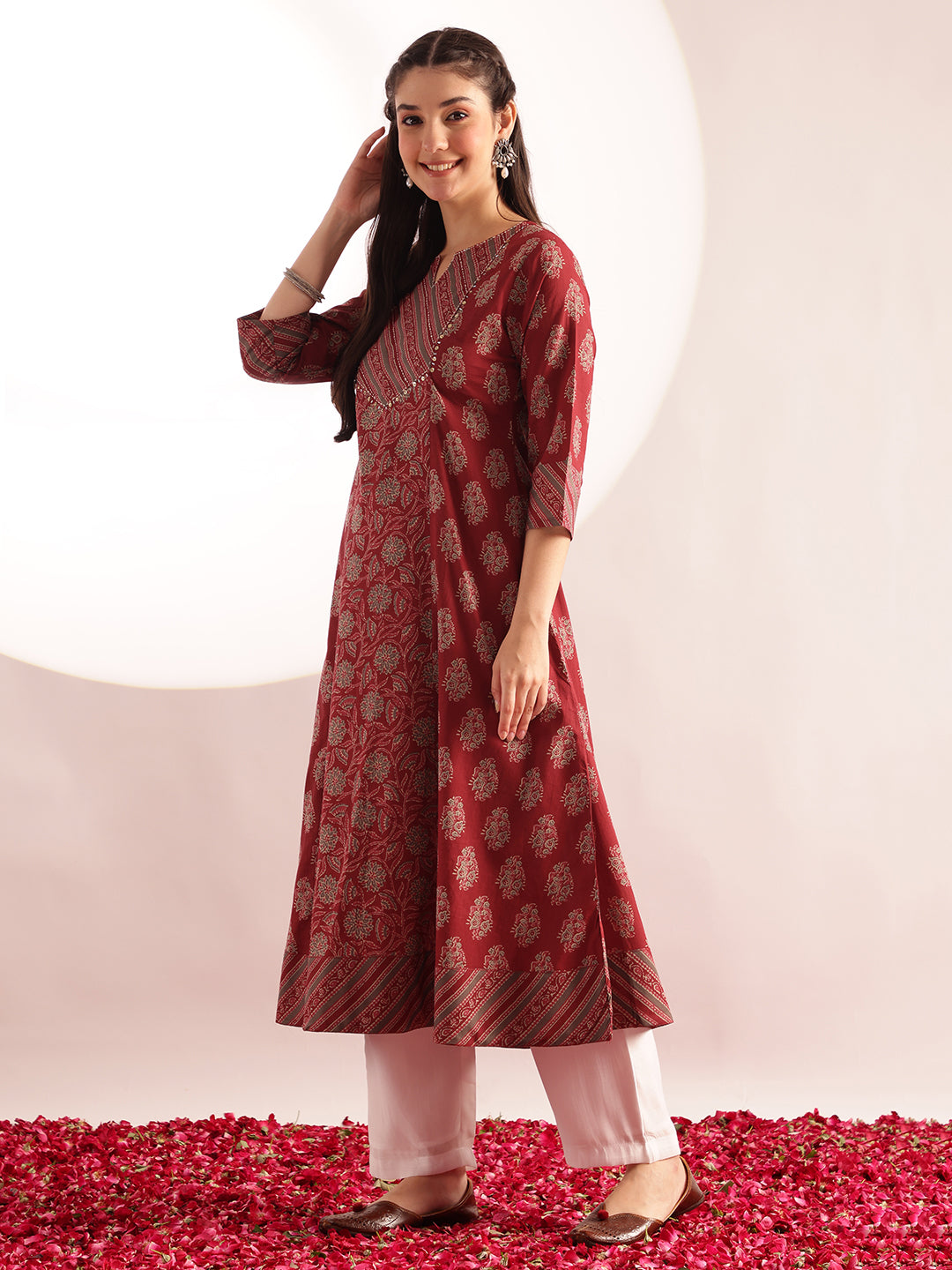 Maroon Floral Print Fit & Flare Cotton Kurta