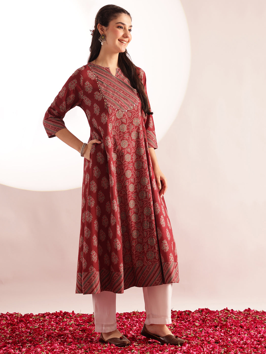 Maroon Floral Print Fit & Flare Cotton Kurta