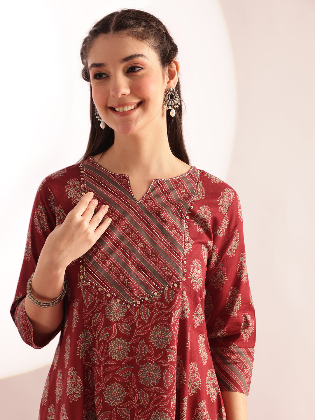 Maroon Floral Print Fit & Flare Cotton Kurta