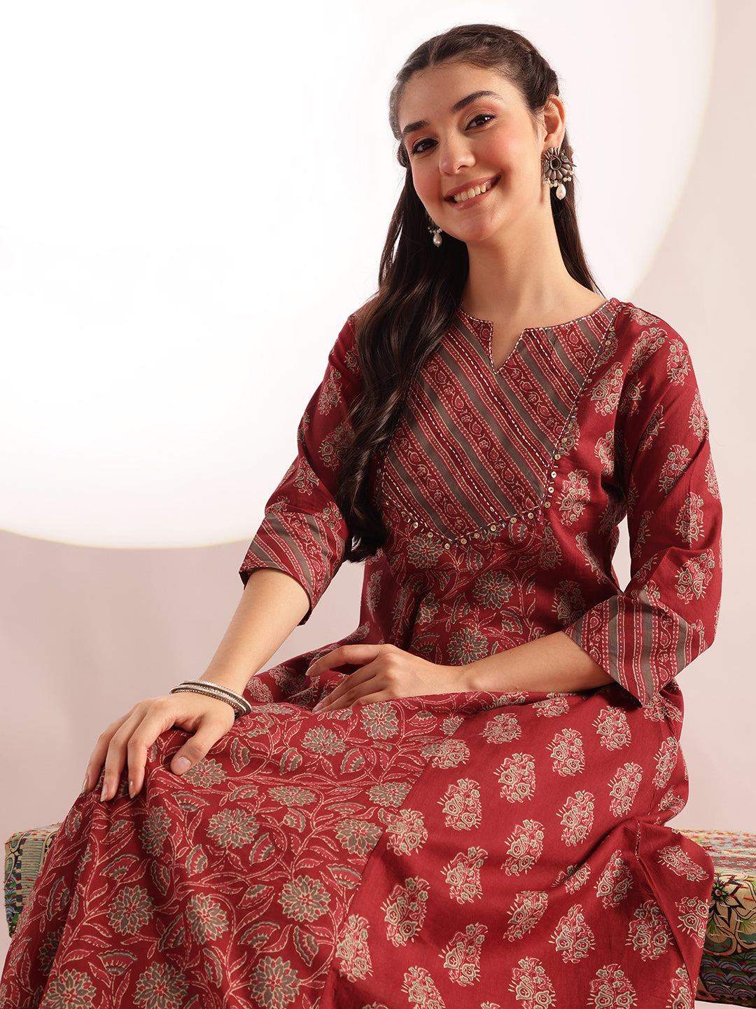 Maroon Floral Print Fit & Flare Cotton Kurta