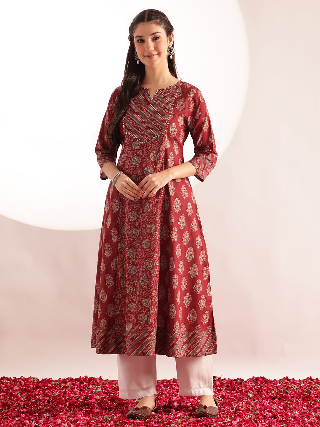 Maroon Floral Print Fit & Flare Cotton Kurta