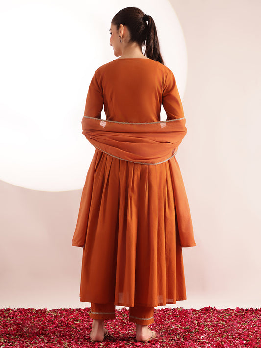 Orange Solid, Embroidered Fit & Flare Cotton Stitched Kurta, Pant With Dupatta