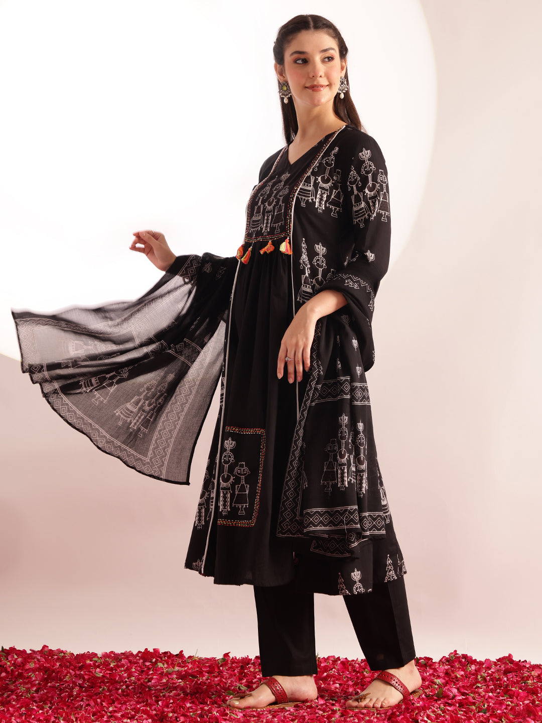 Black Printed Fit & Flare Cotton Kurta, Pant With Dupatta