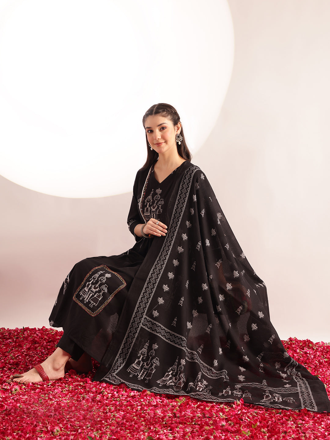 Black Printed Fit & Flare Cotton Kurta, Pant With Dupatta