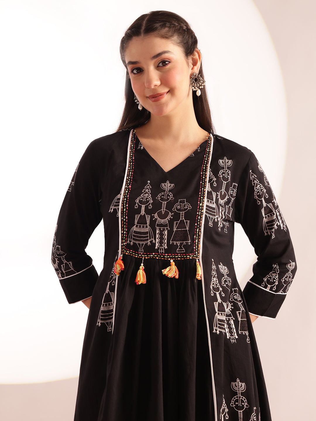 Black Printed Fit & Flare Cotton Kurta, Pant With Dupatta