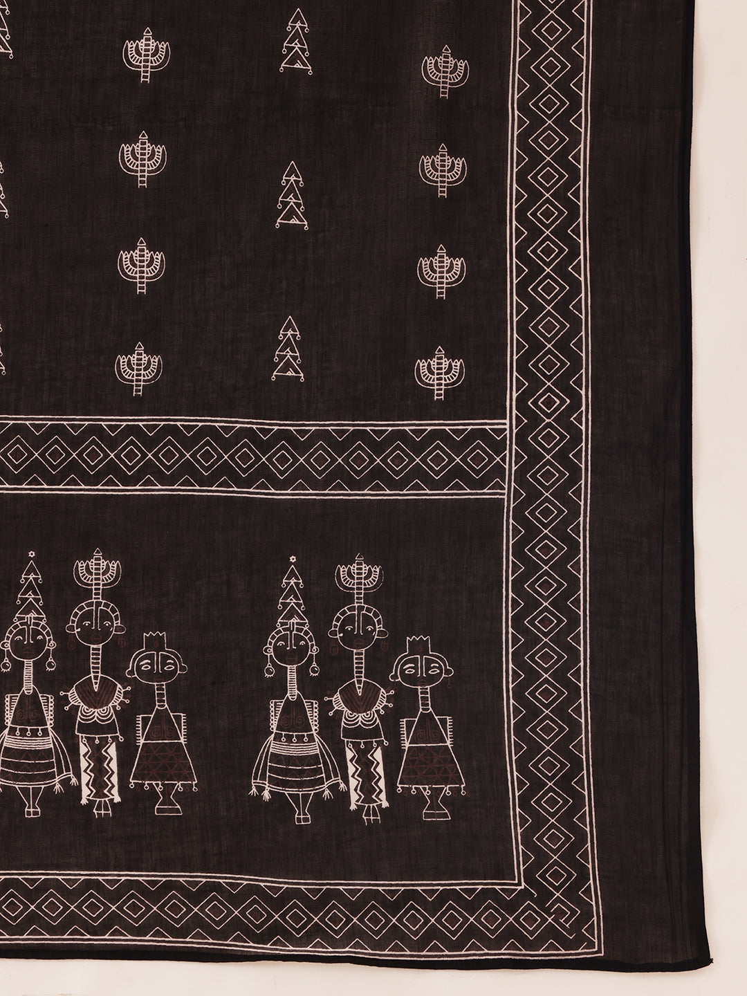 Black Printed Fit & Flare Cotton Kurta, Pant With Dupatta