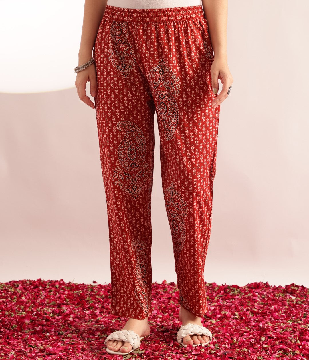 Maroon Floral Print Fit & Flare Cotton Stitched Kurta With Pant