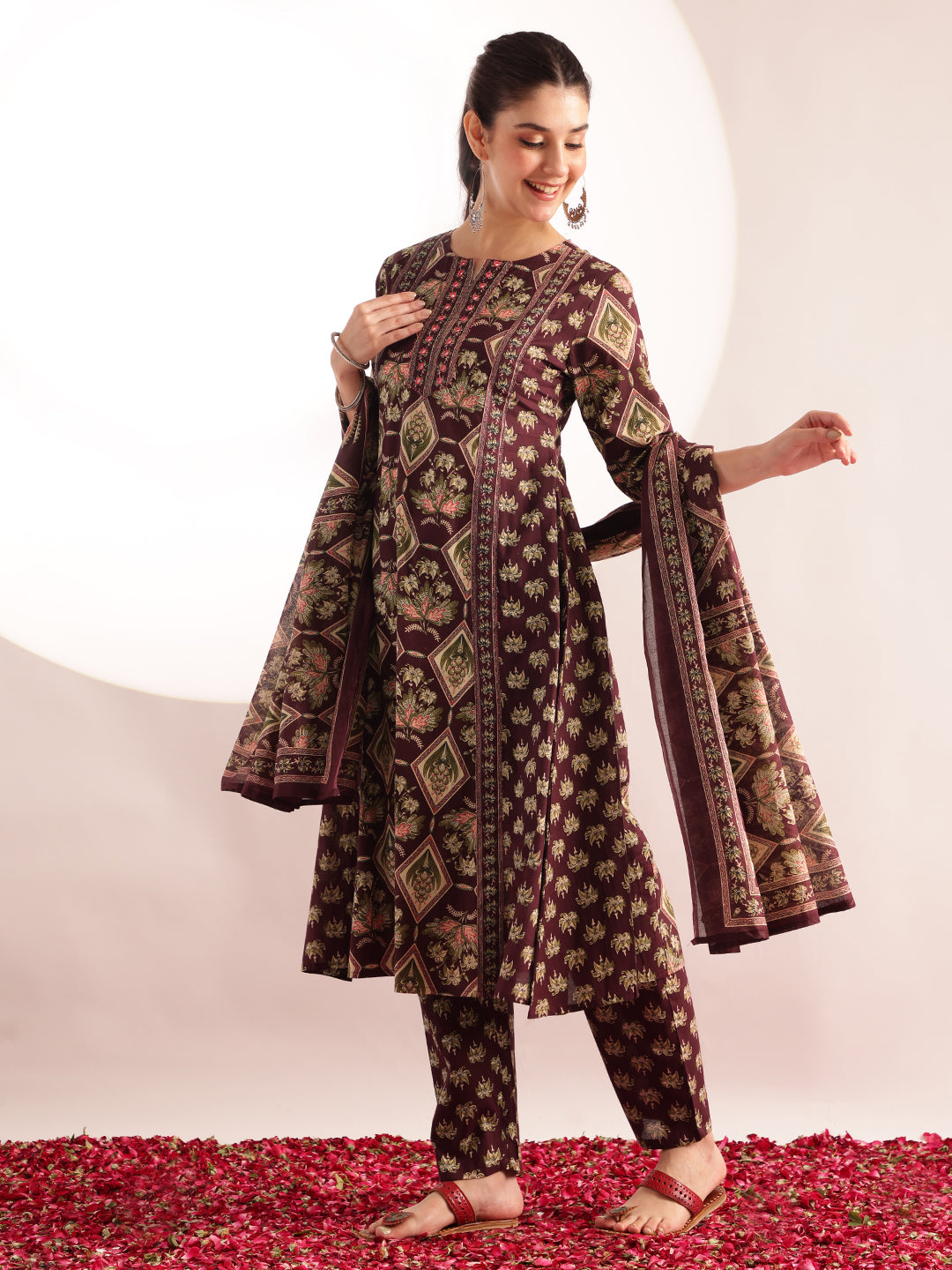 Wine Floral Print Fit & Flare Cotton Kurta, Pant With Dupatta