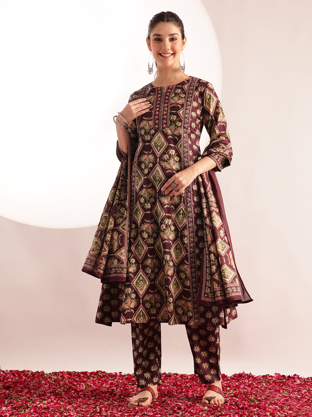 Wine Floral Print Fit & Flare Cotton Kurta, Pant With Dupatta