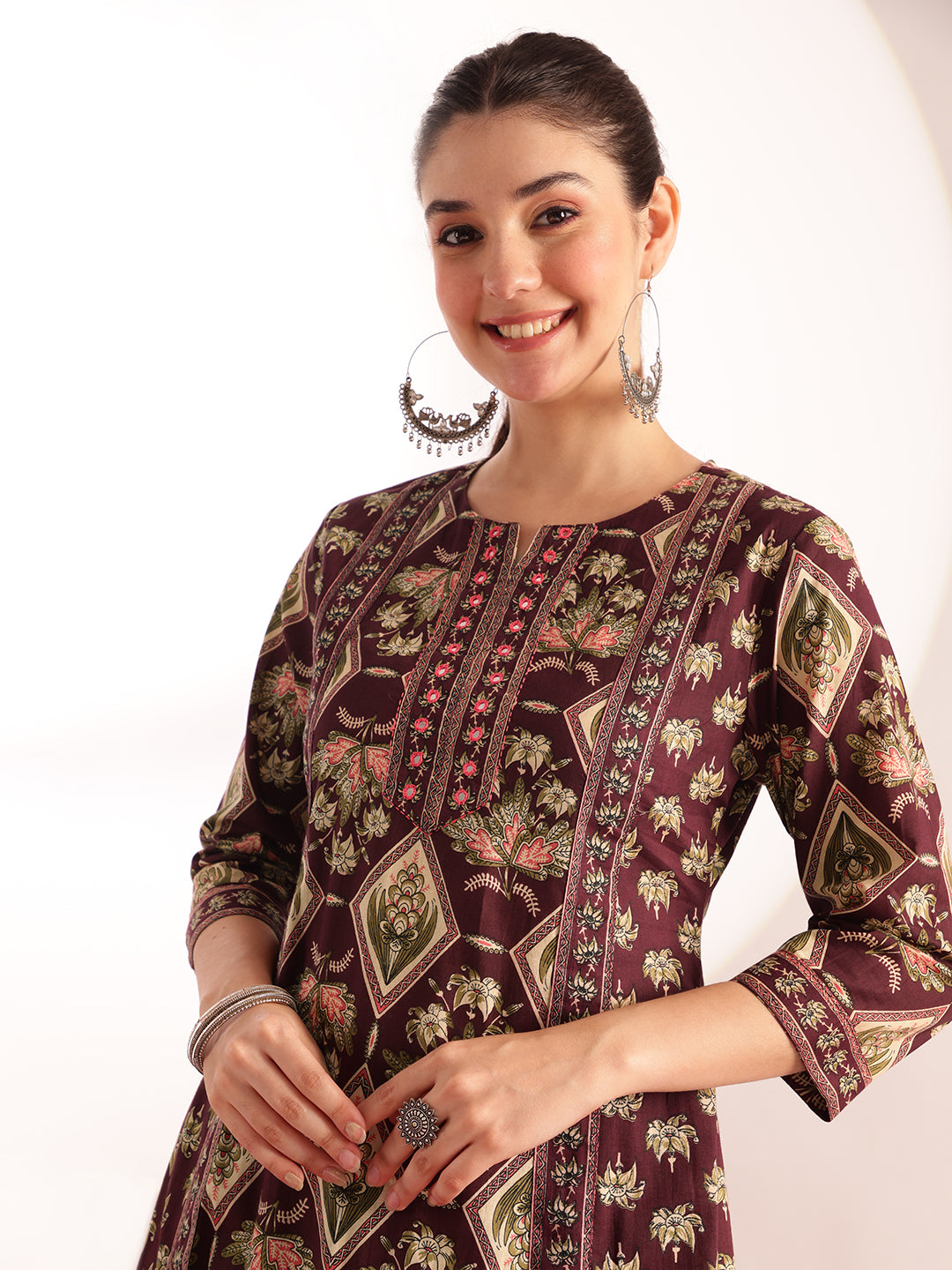 Wine Floral Print Fit & Flare Cotton Kurta, Pant With Dupatta