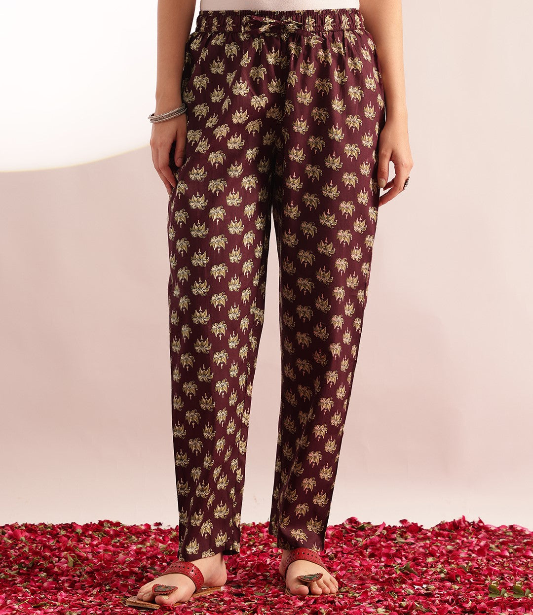 Wine Floral Print Fit & Flare Cotton Kurta, Pant With Dupatta