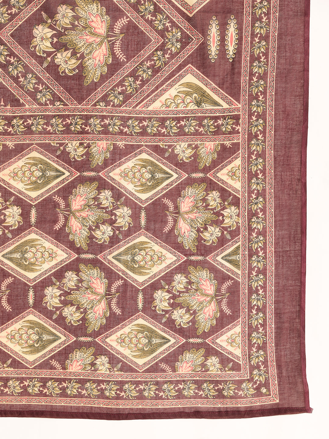 Wine Floral Print Fit & Flare Cotton Kurta, Pant With Dupatta