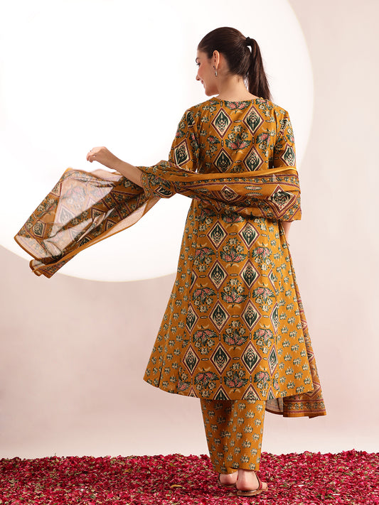 Mustard Floral Print Fit & Flare Cotton Kurta, Pant With Dupatta
