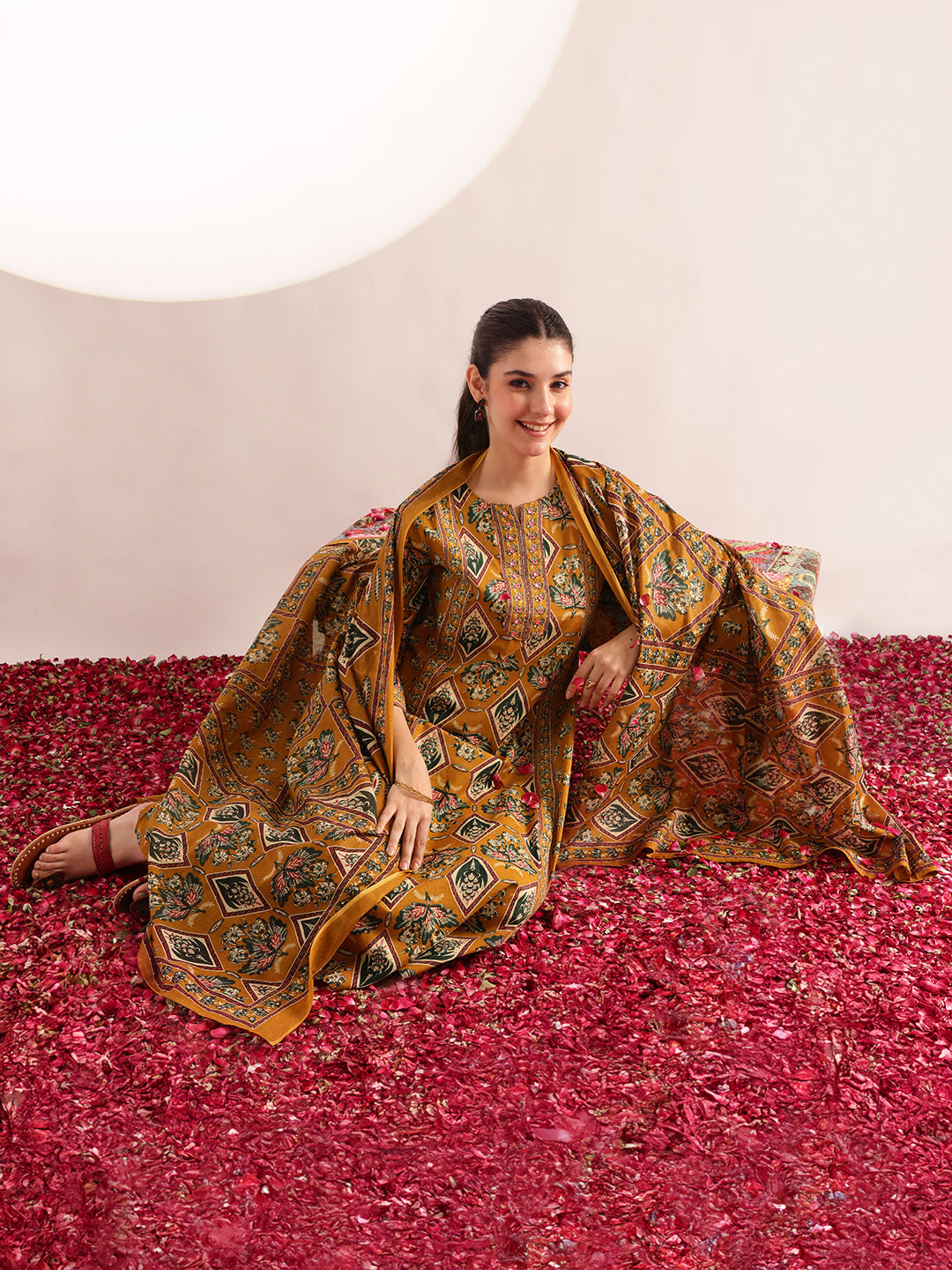 Mustard Floral Print Fit & Flare Cotton Kurta, Pant With Dupatta