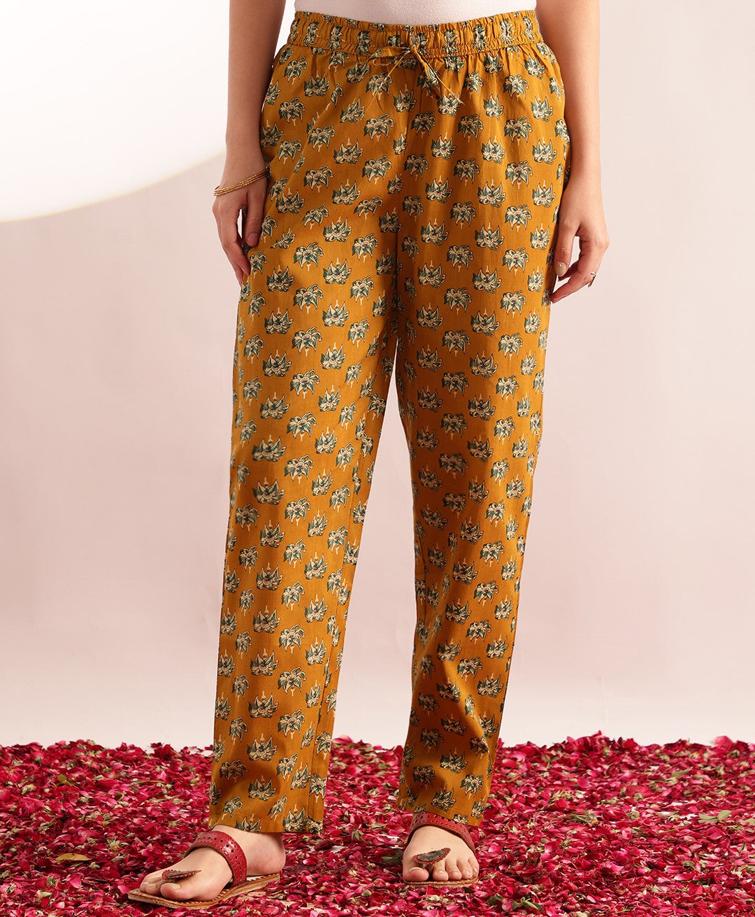 Mustard Floral Print Fit & Flare Cotton Kurta, Pant With Dupatta