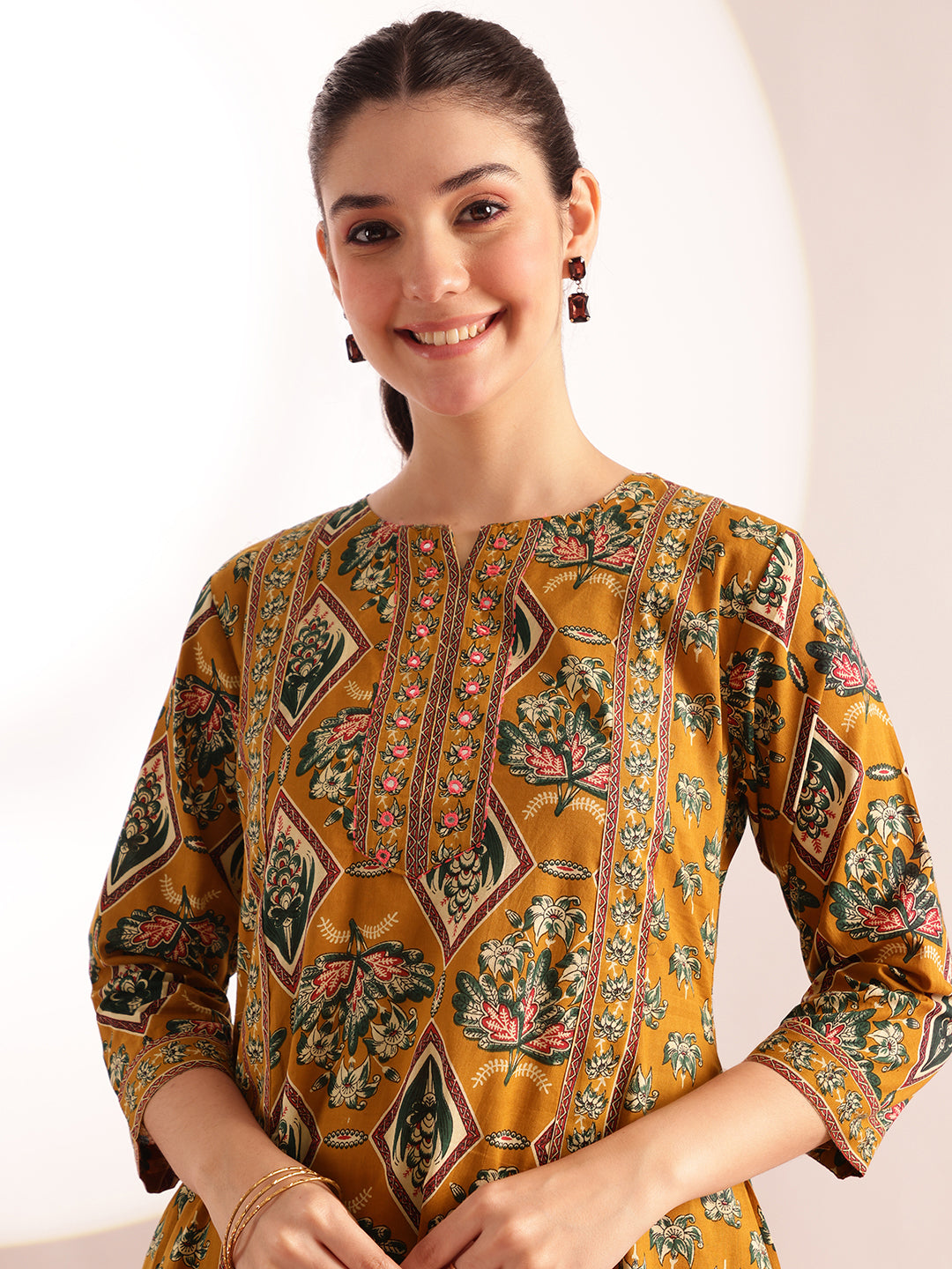 Mustard Floral Print Fit & Flare Cotton Kurta, Pant With Dupatta