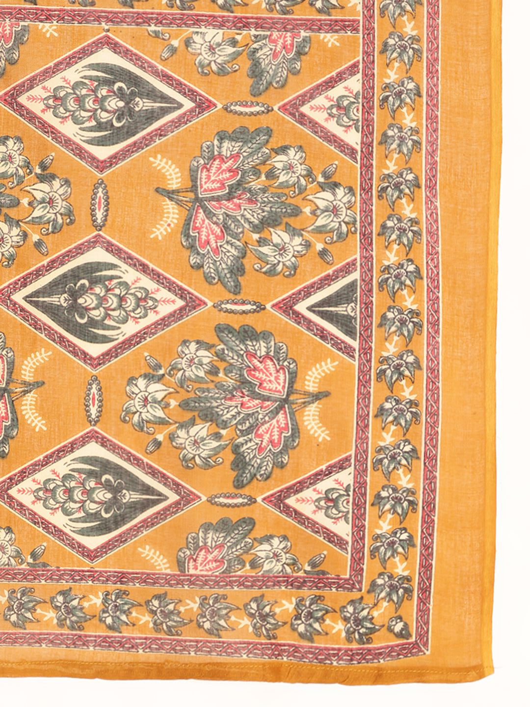 Mustard Floral Print Fit & Flare Cotton Kurta, Pant With Dupatta