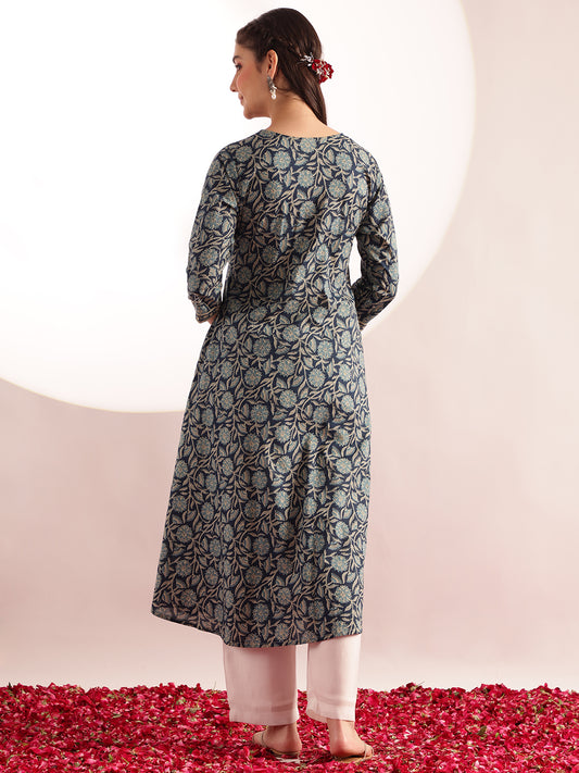 Aqua Blue Floral Print Fit & Flare Cotton Kurta