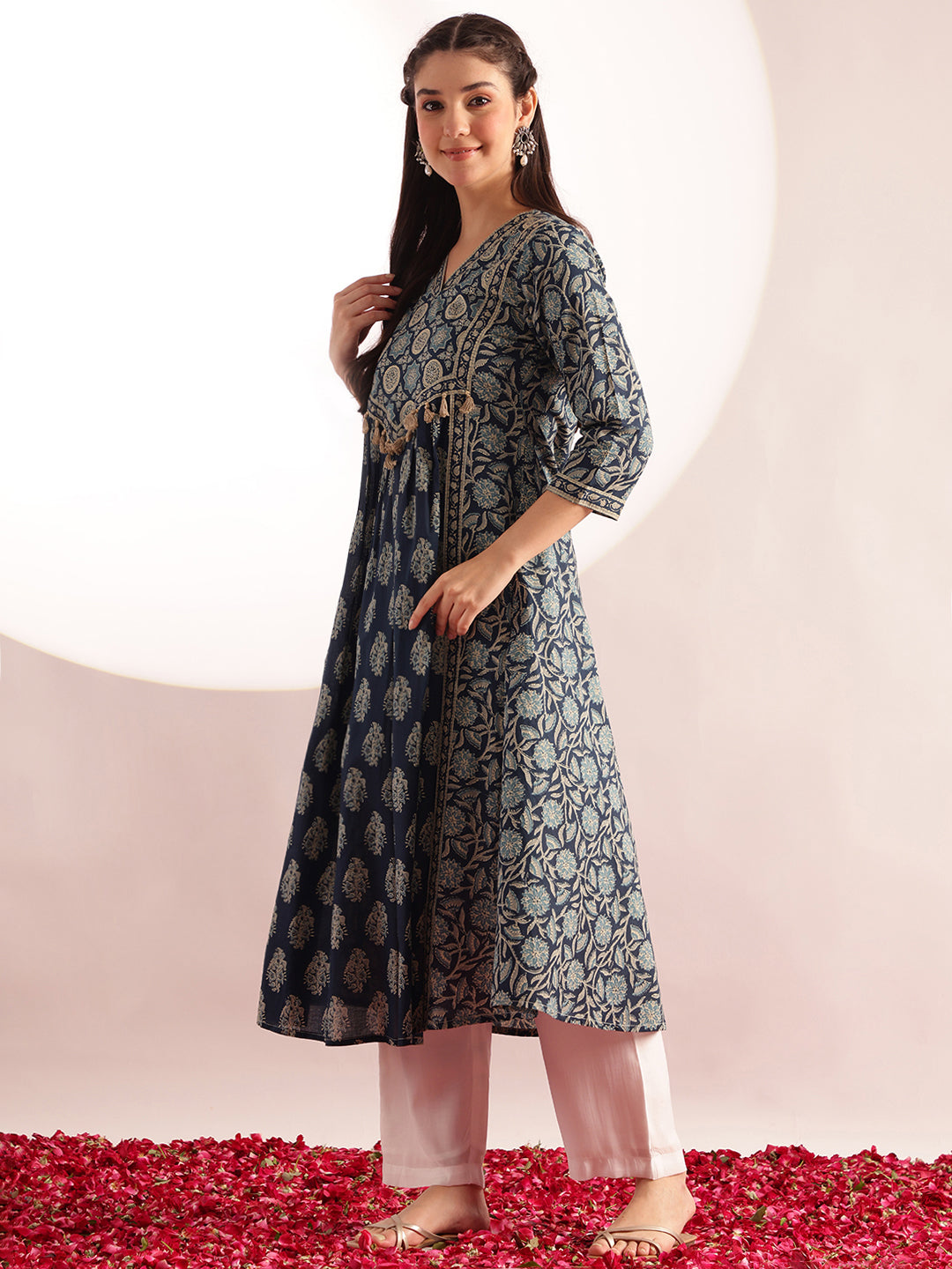 Aqua Blue Floral Print Fit & Flare Cotton Kurta