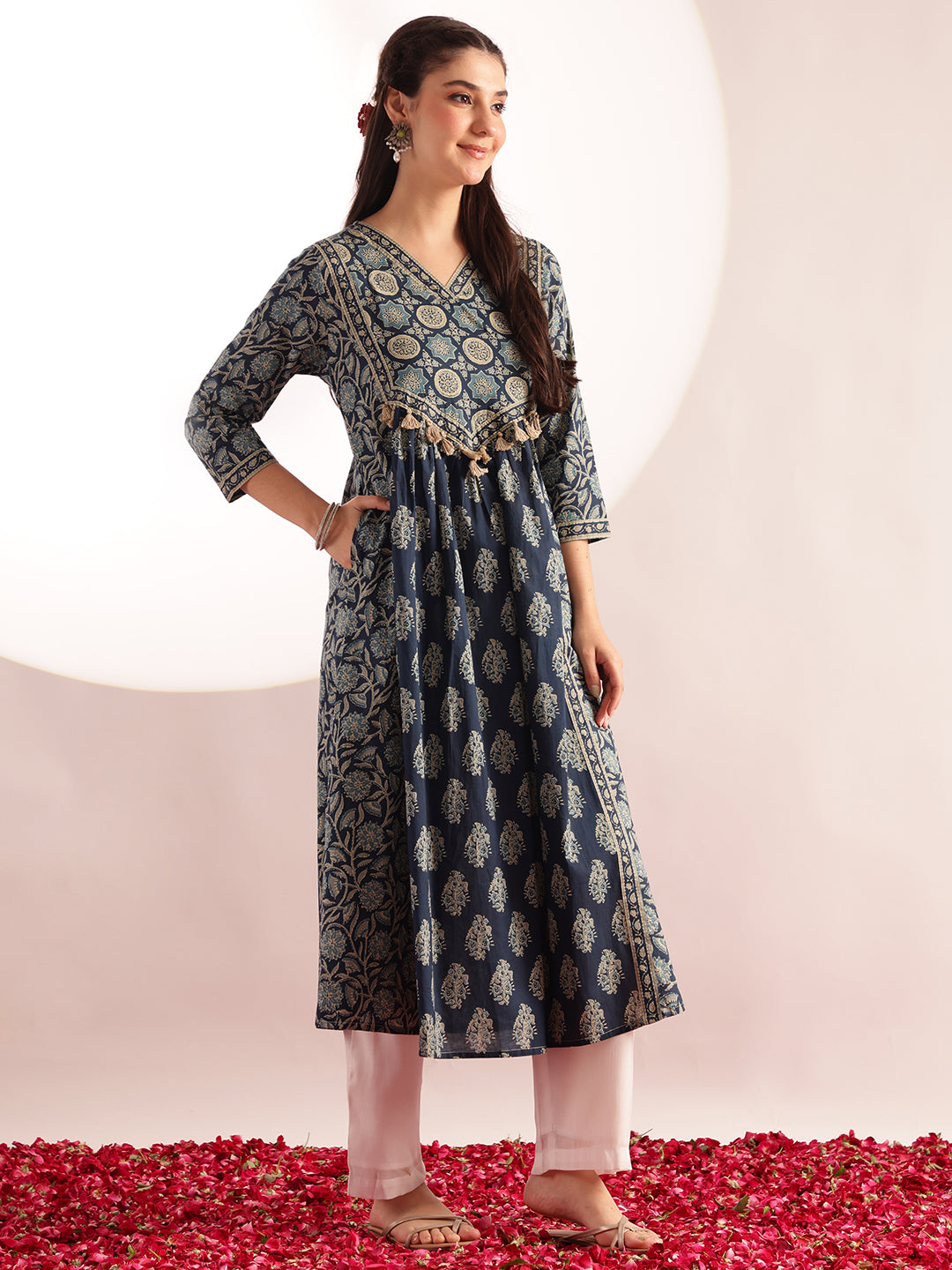 Aqua Blue Floral Print Fit & Flare Cotton Kurta
