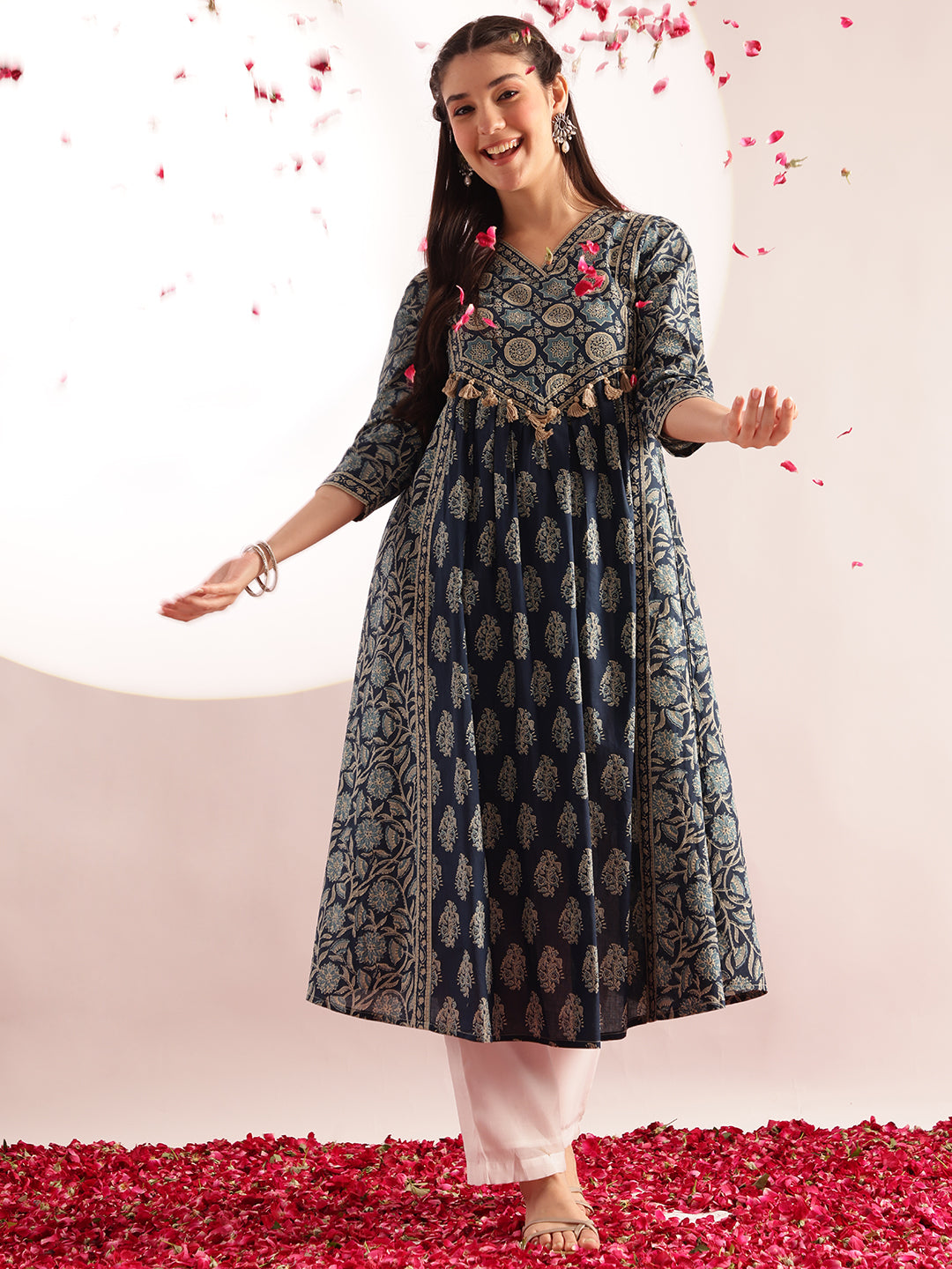 Aqua Blue Floral Print Fit & Flare Cotton Kurta