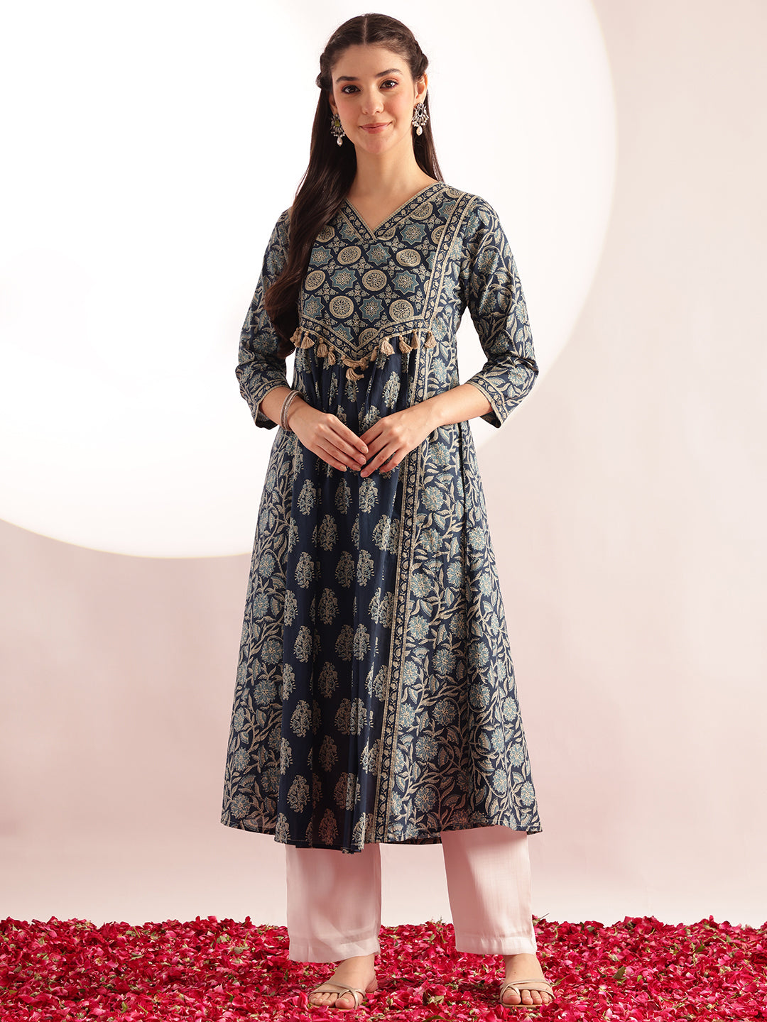 Aqua Blue Floral Print Fit & Flare Cotton Kurta
