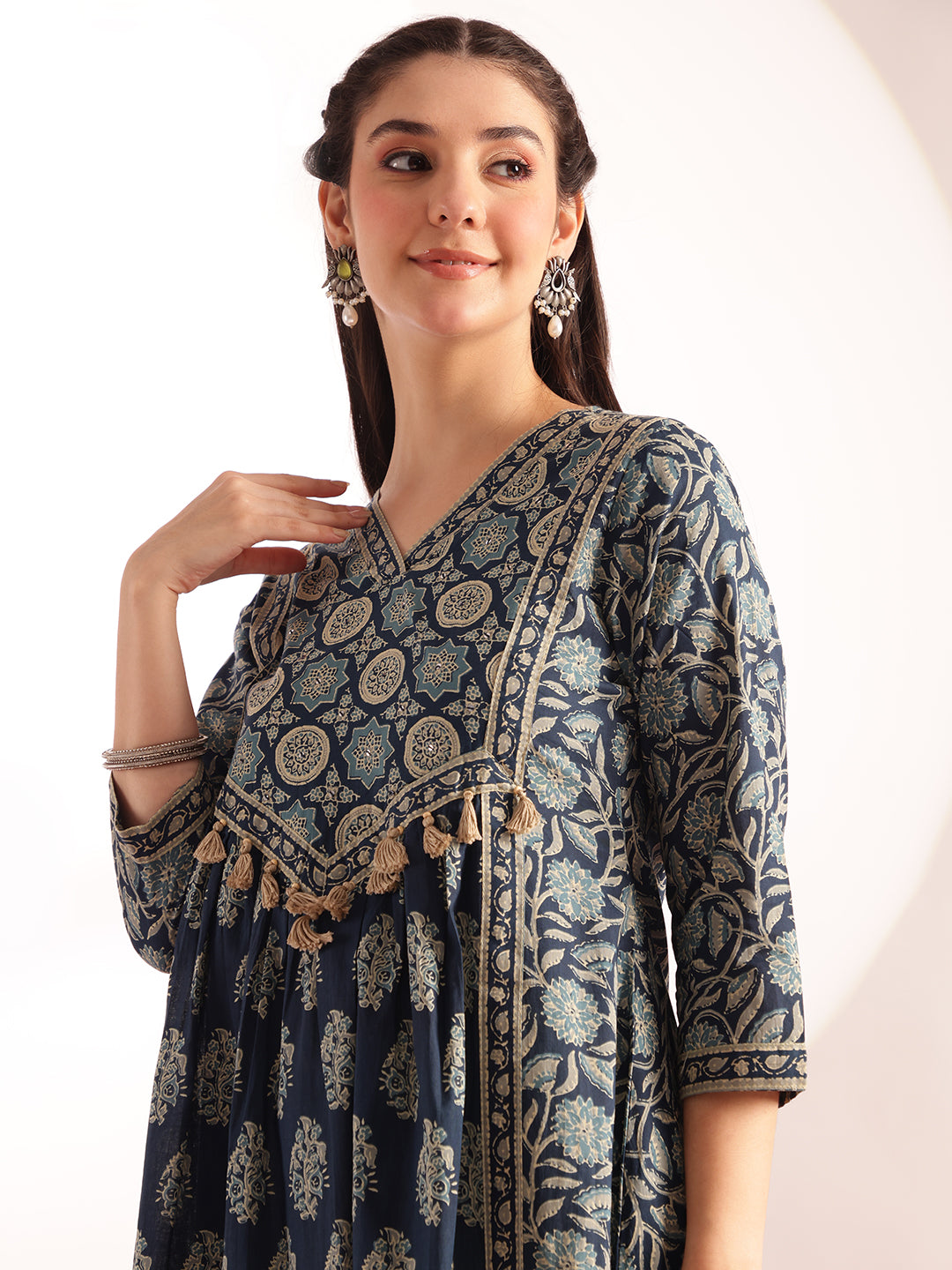 Aqua Blue Floral Print Fit & Flare Cotton Kurta