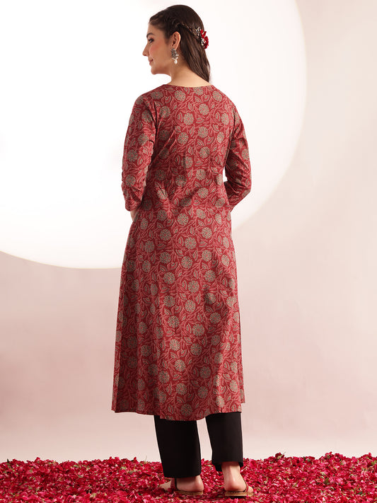 Maroon Floral Print Fit & Flare Cotton Kurta