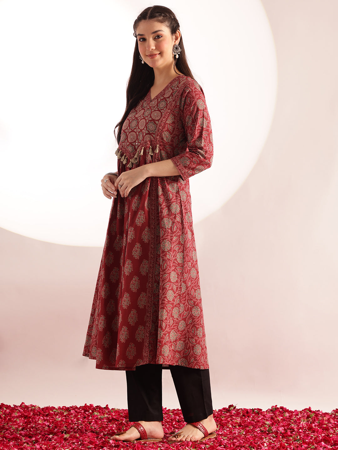 Maroon Floral Print Fit & Flare Cotton Kurta