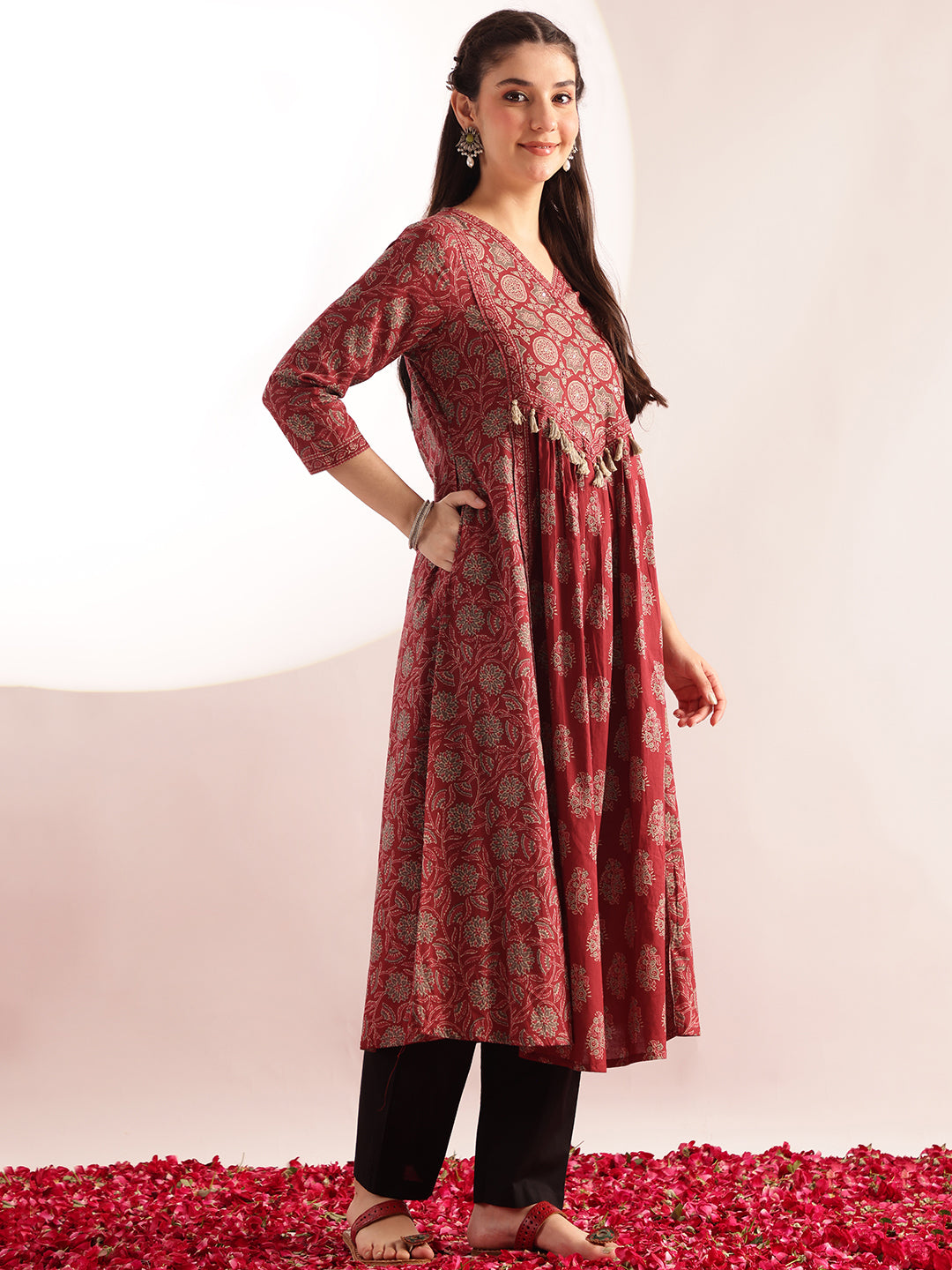 Maroon Floral Print Fit & Flare Cotton Kurta