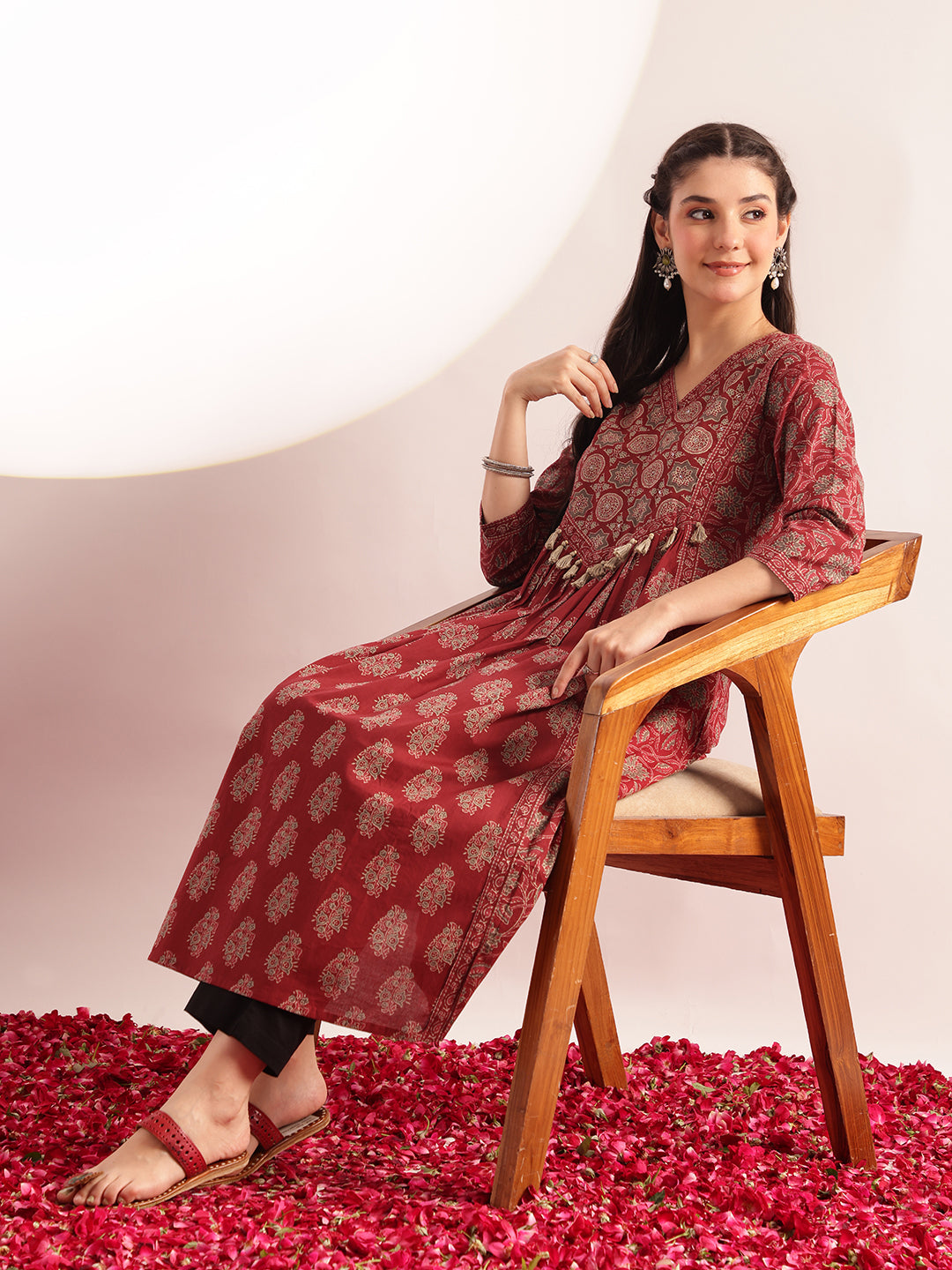 Maroon Floral Print Fit & Flare Cotton Kurta