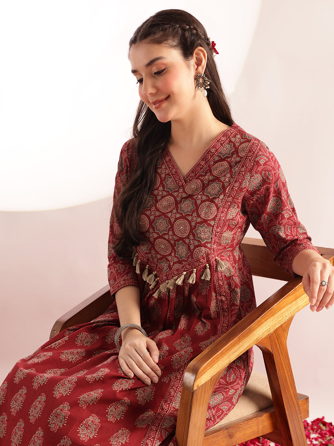 Maroon Floral Print Fit & Flare Cotton Kurta