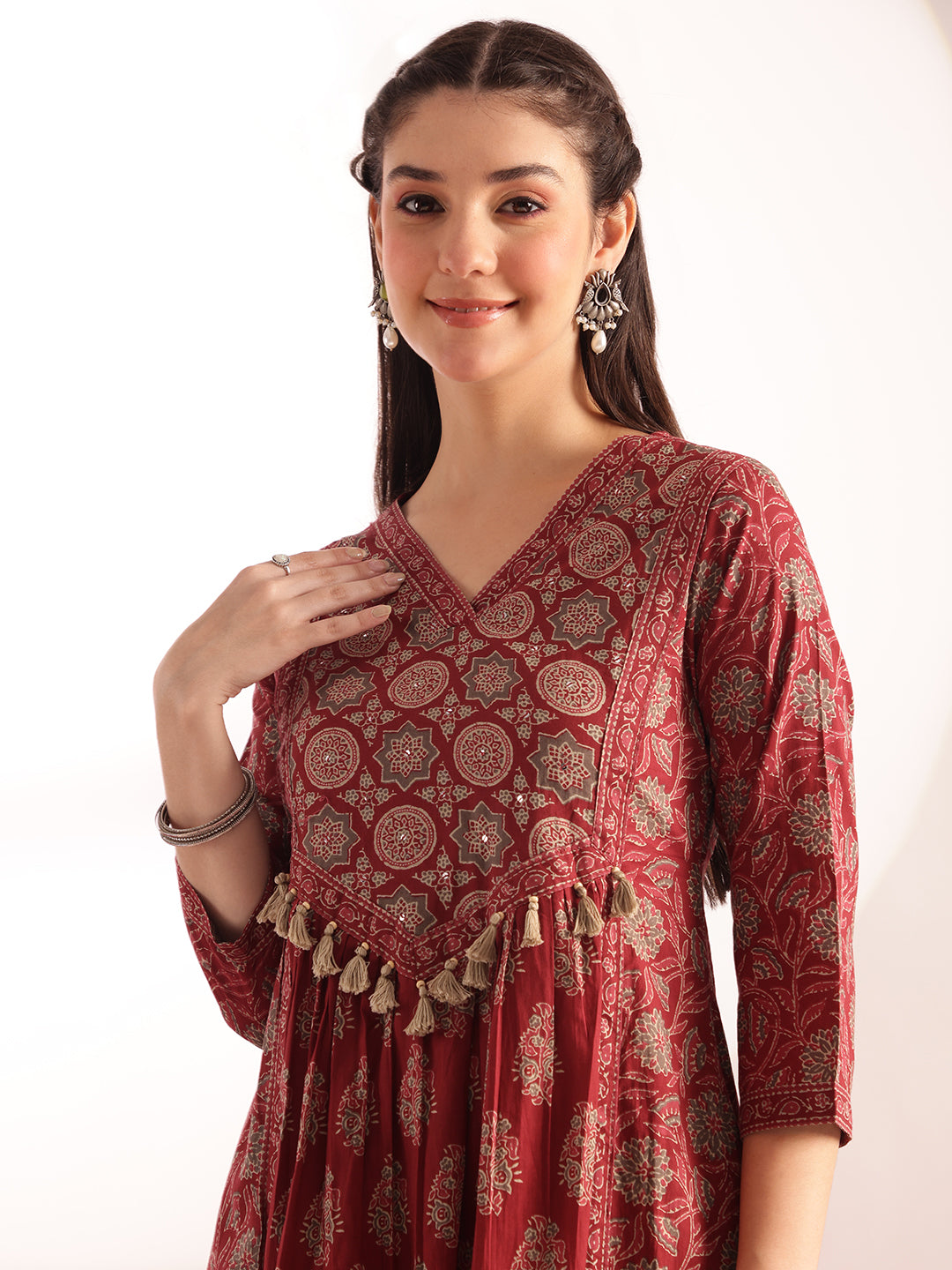 Maroon Floral Print Fit & Flare Cotton Kurta