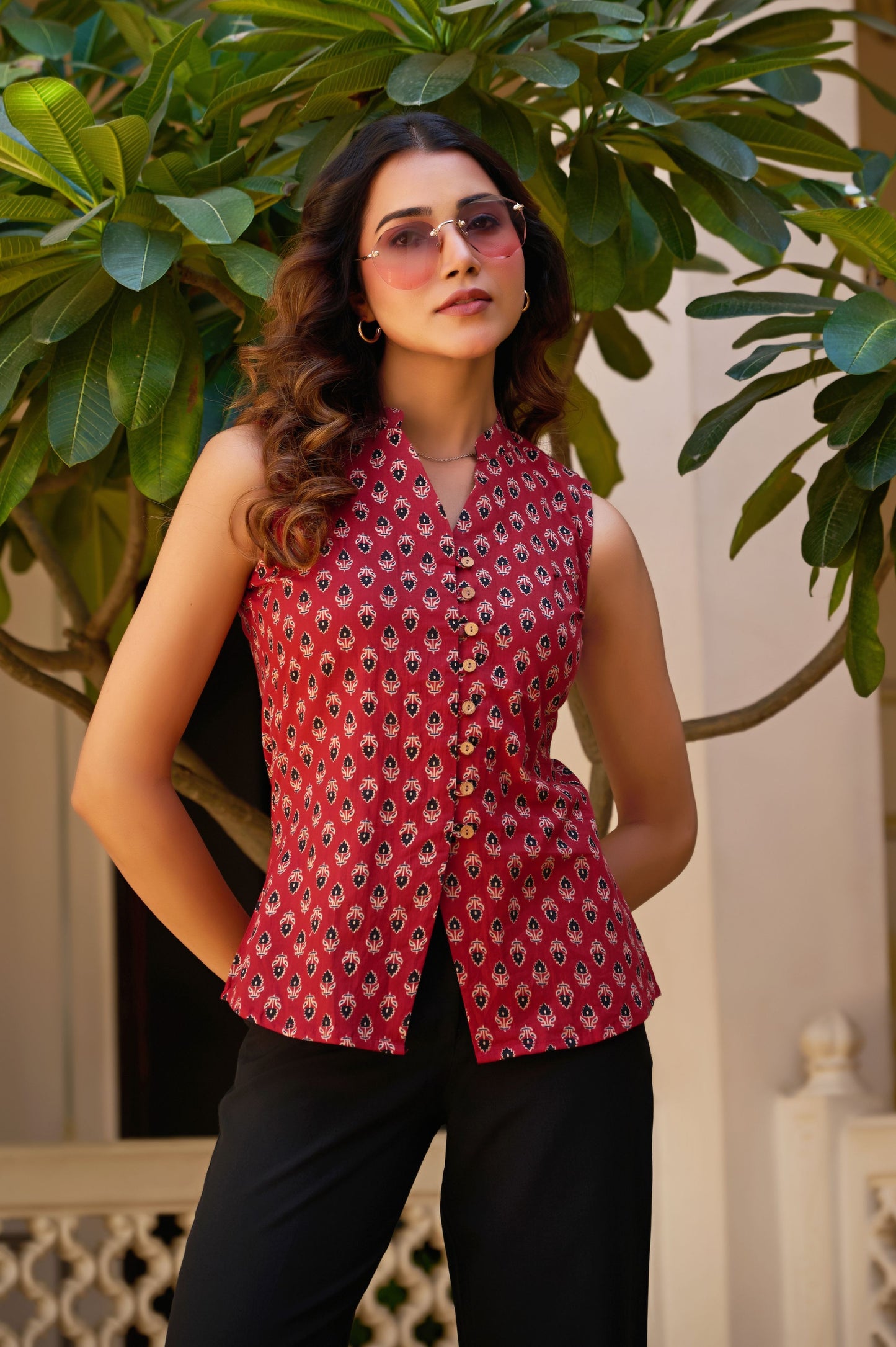 Maroon Floral Printed Straight Cotton Stitched Top